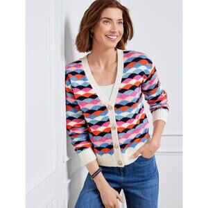 Talbots V Neck Scalloped Striped Cardigan